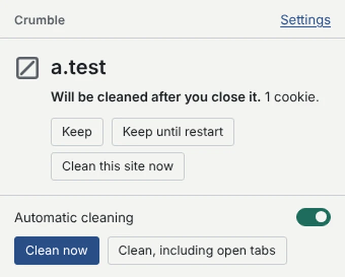 The Crumble popup on a site that will be cleaned: the site name, the status 'Will be cleaned after you close it' with its cookie count, and buttons to keep the site or clean it now.